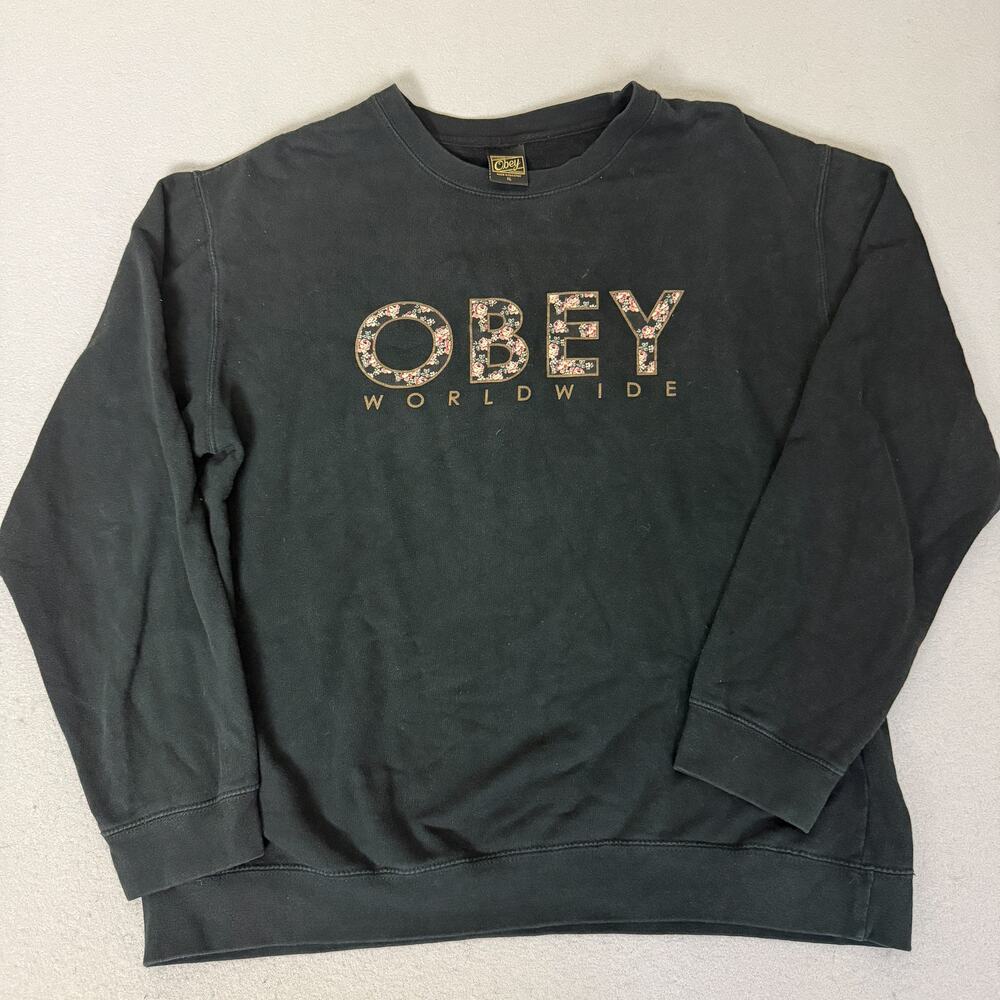 Obey Worldwide Crewneck Sweatshirt XL Black Floral Logo Graphic Streetwear